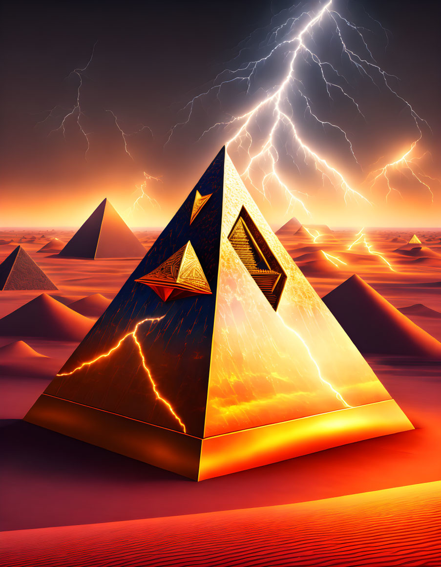 Surreal illuminated pyramids under stormy sky with lightning