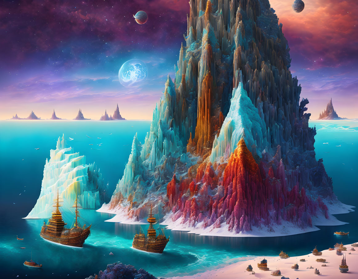 Colorful Mountain Rises from Ocean in Fantasy Landscape