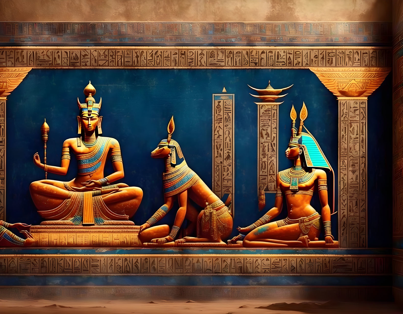 Ancient Egyptian themed illustration with human bodies and animal heads in traditional attire in a temple setting