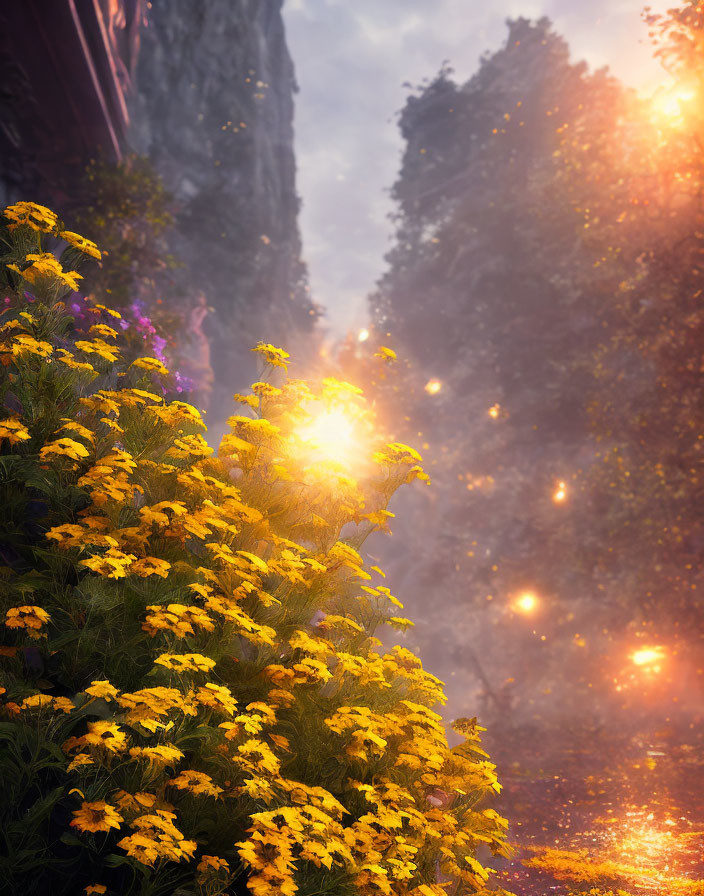 Sunlight illuminating yellow flowers in forest scene