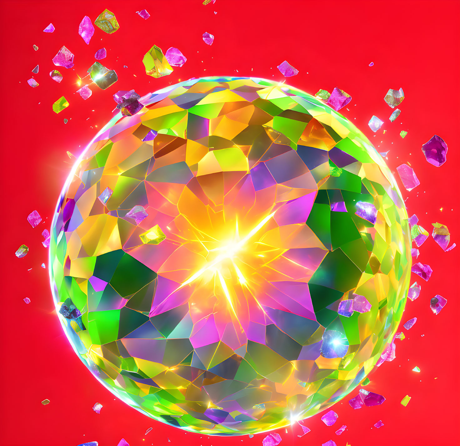 Colorful Crystal Sphere Shining on Red Background with Gem Shards