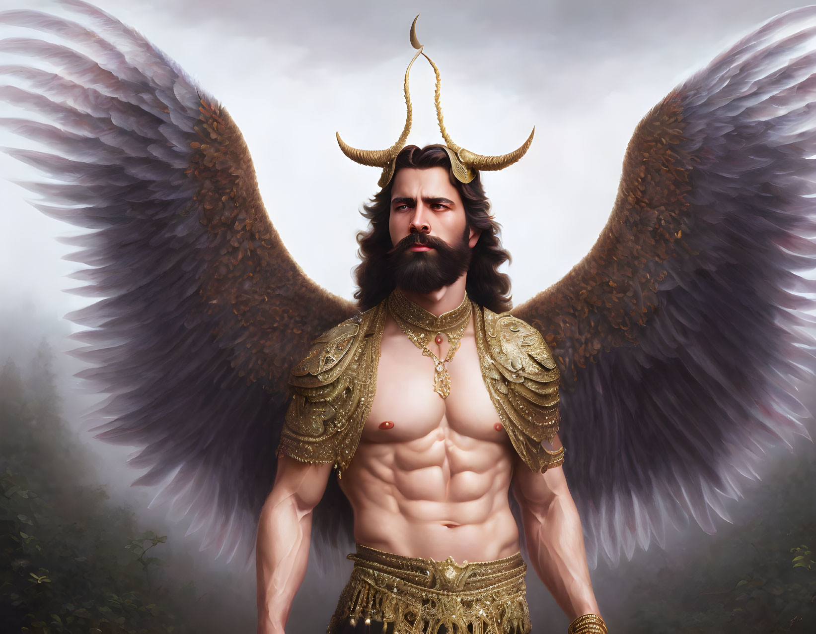 Majestic winged male figure in golden armor and horned crown against misty backdrop