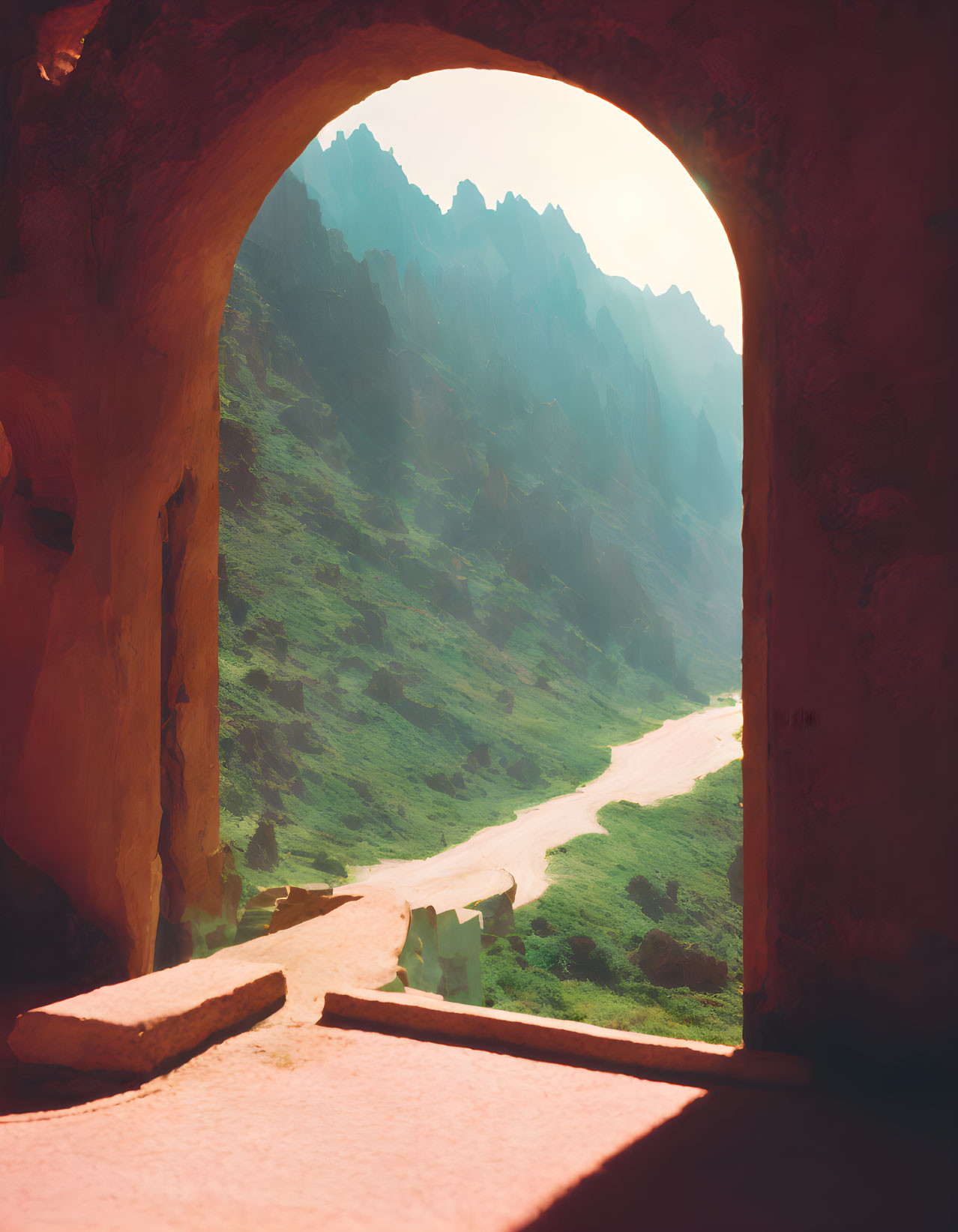 Archway framing rugged mountain landscape with winding path in warm sunlight