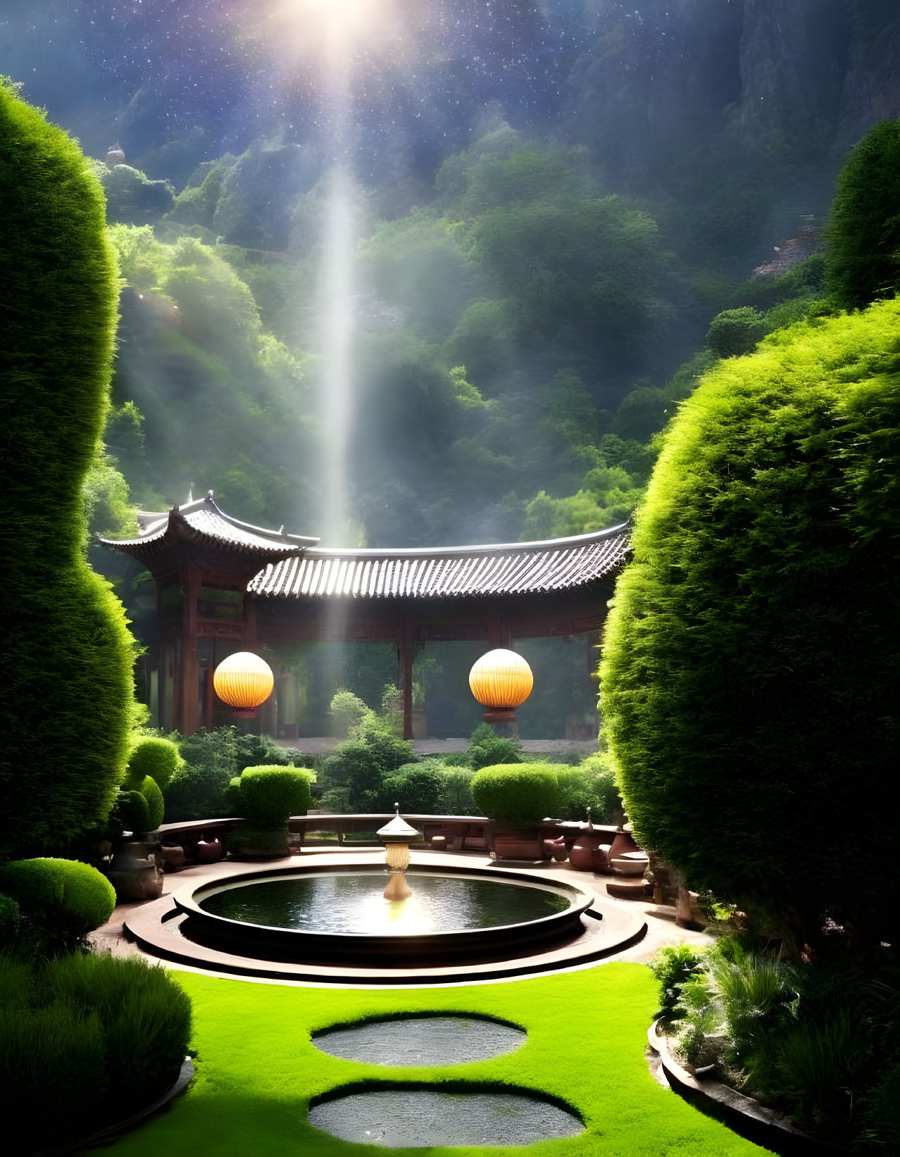 Serene East Asian architecture with circular pond and lush garden