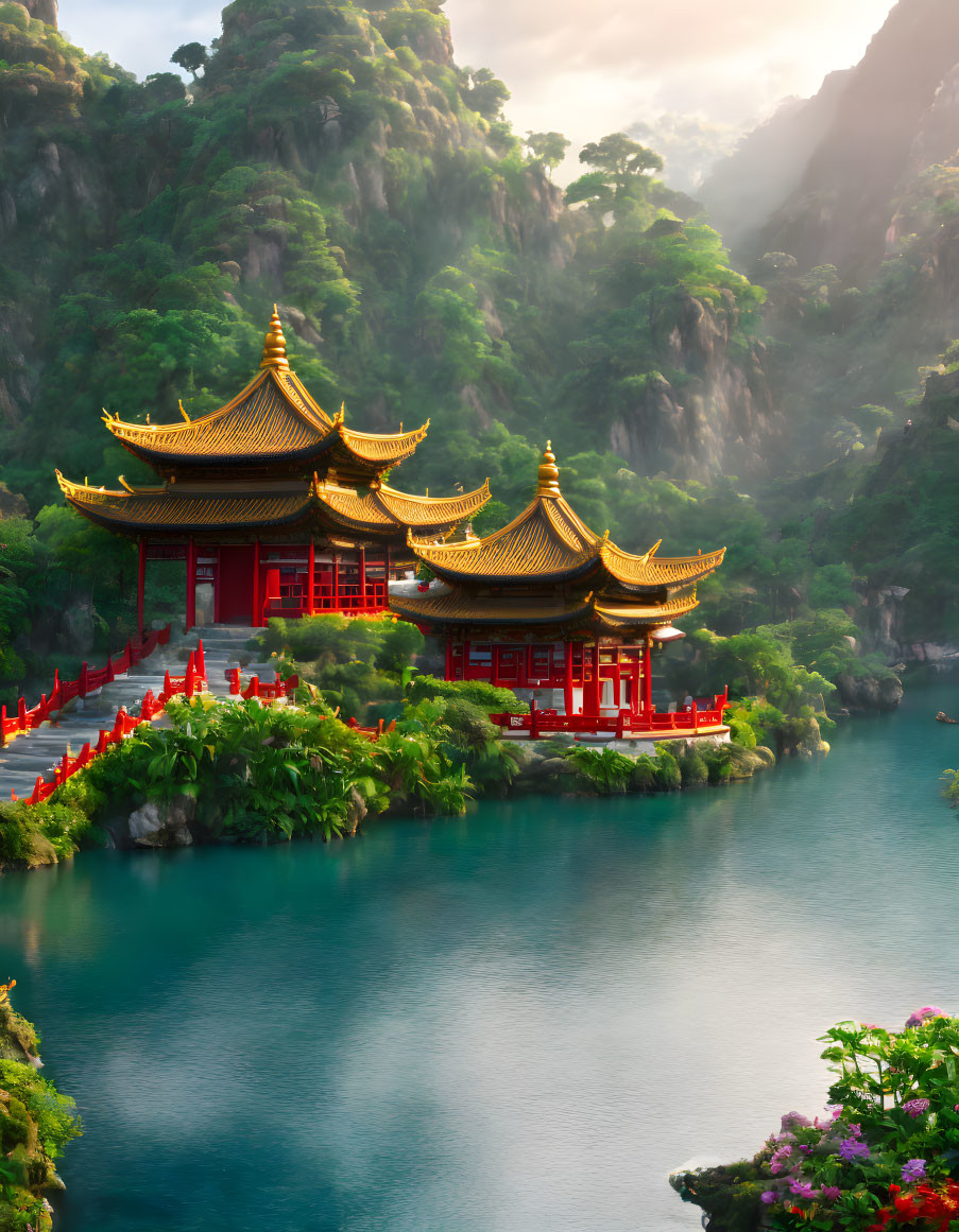 Red and Gold Pagoda in Mountain Landscape with Lake, Bridge, and Flora