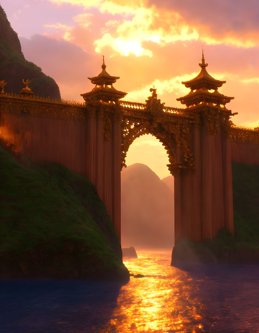 Golden Gate Bridge with Traditional Architecture over River at Sunset