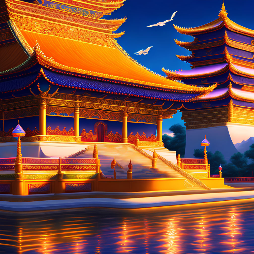 Twilight scene of illuminated Asian temple with birds, water reflection, and mountains