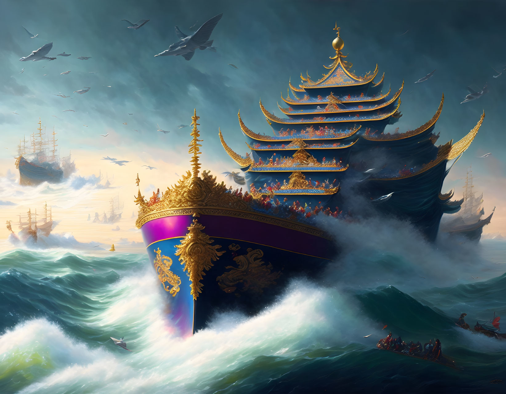 Ornate multi-tiered ship with golden embellishments sailing tumultuous seas surrounded by fleet and people