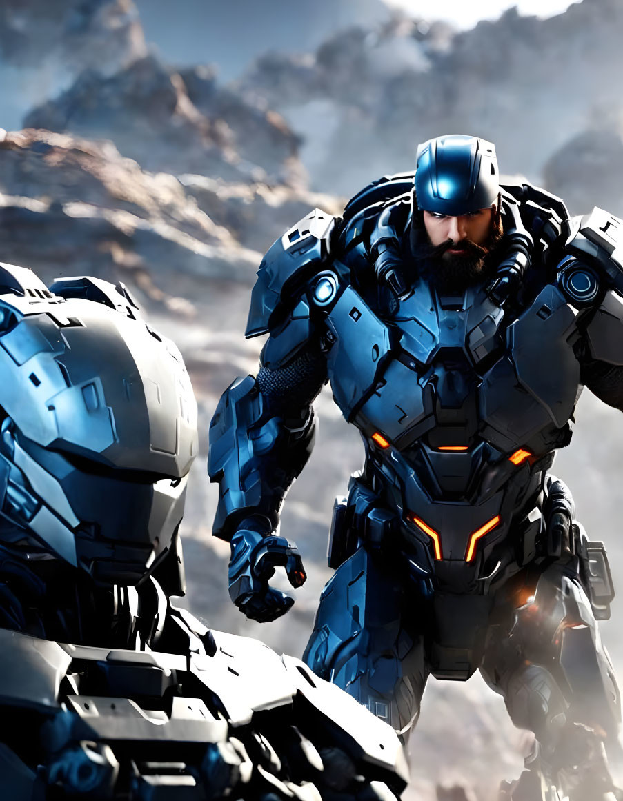 Futuristic armored suit with glowing blue elements in rugged terrain