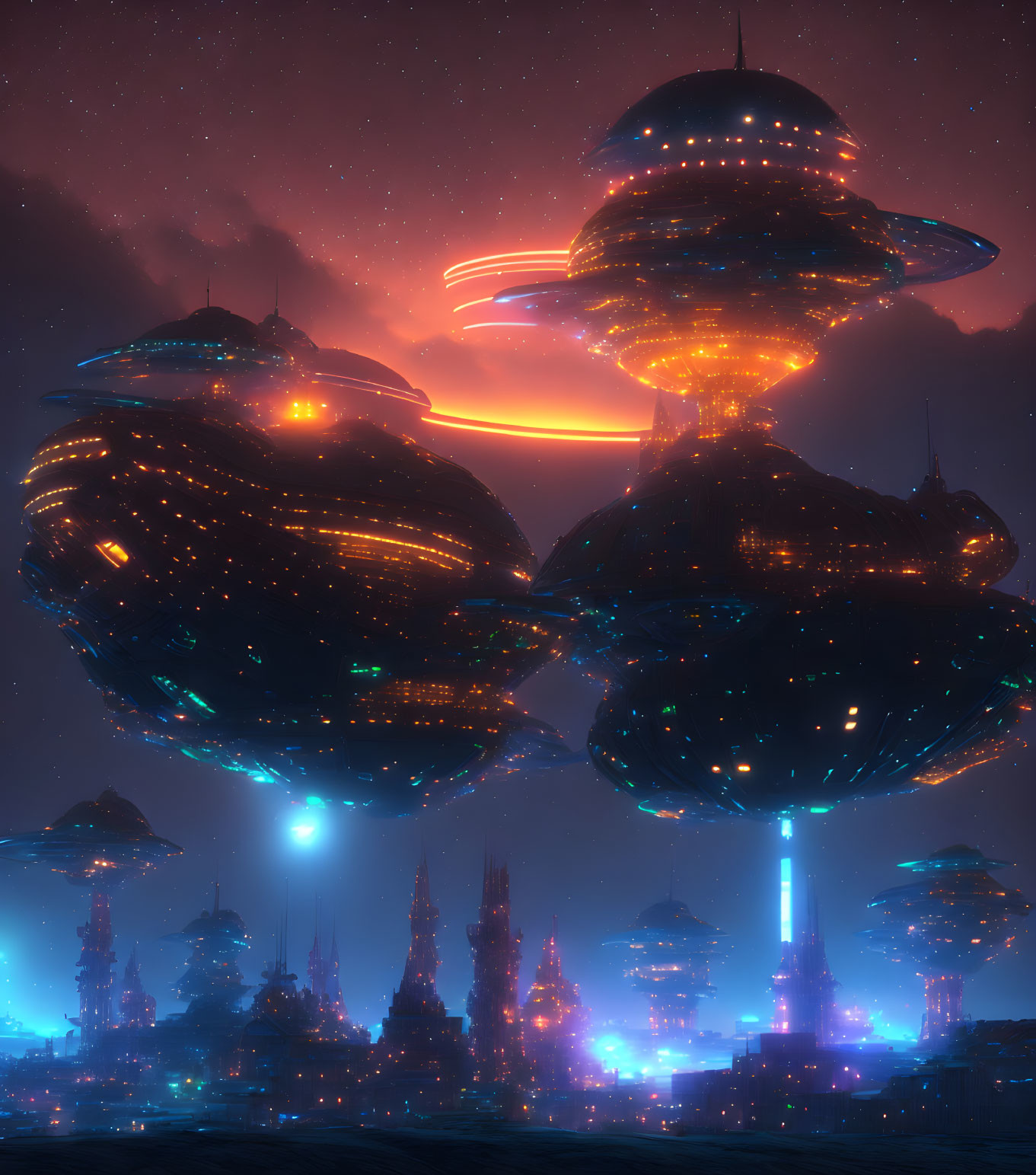 Futuristic night cityscape with towering spires and floating structures