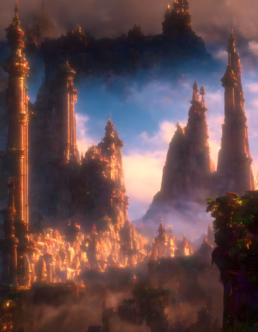 Fantastical city with illuminated towers in misty sunset.