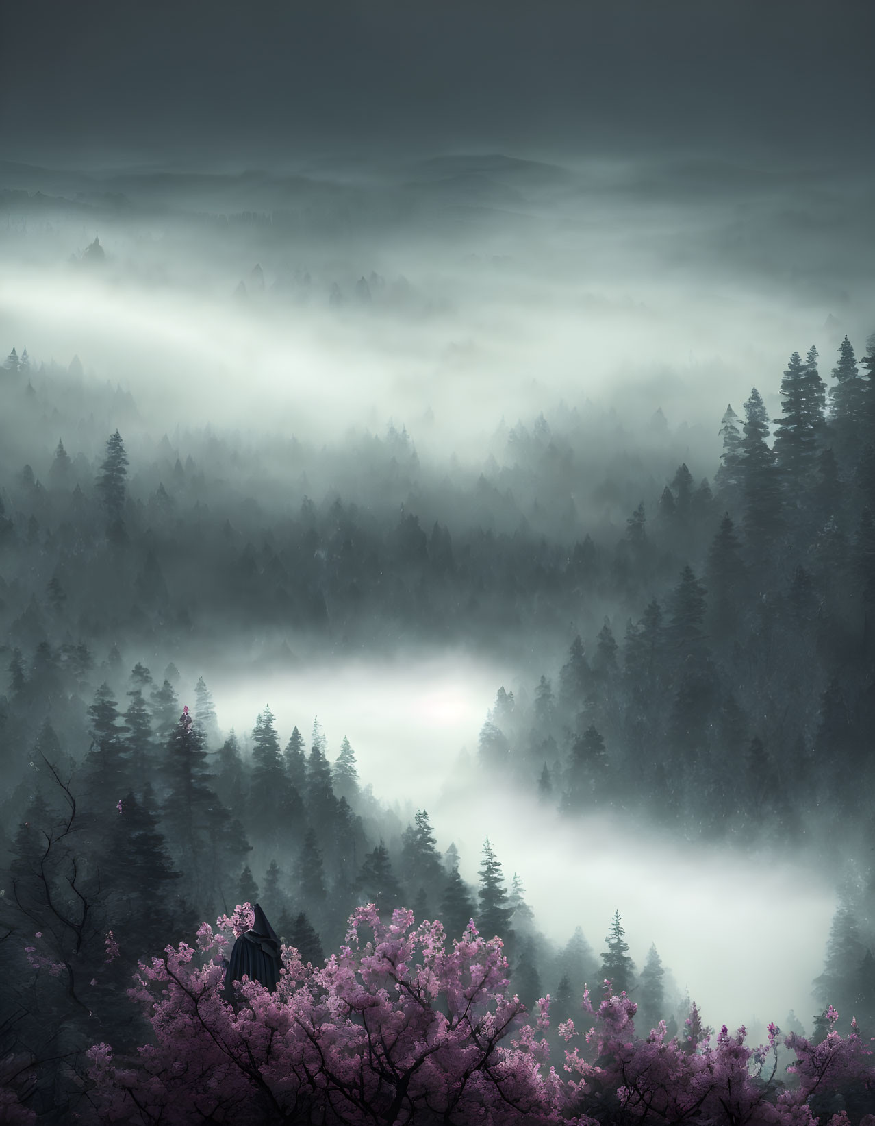 Mystical forest landscape with fog layers and pink blossoms