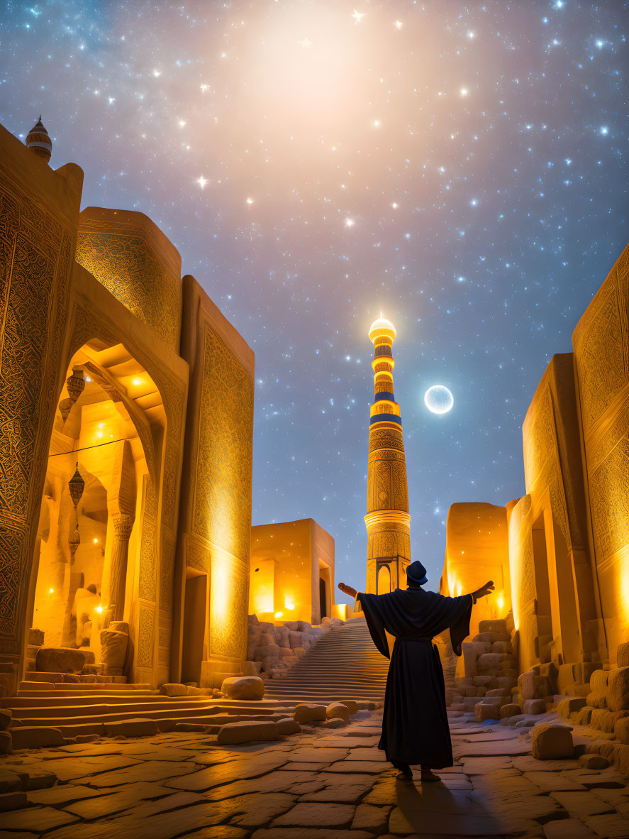 Traditional Attire Figure in Ancient Middle Eastern Alleyway at Night