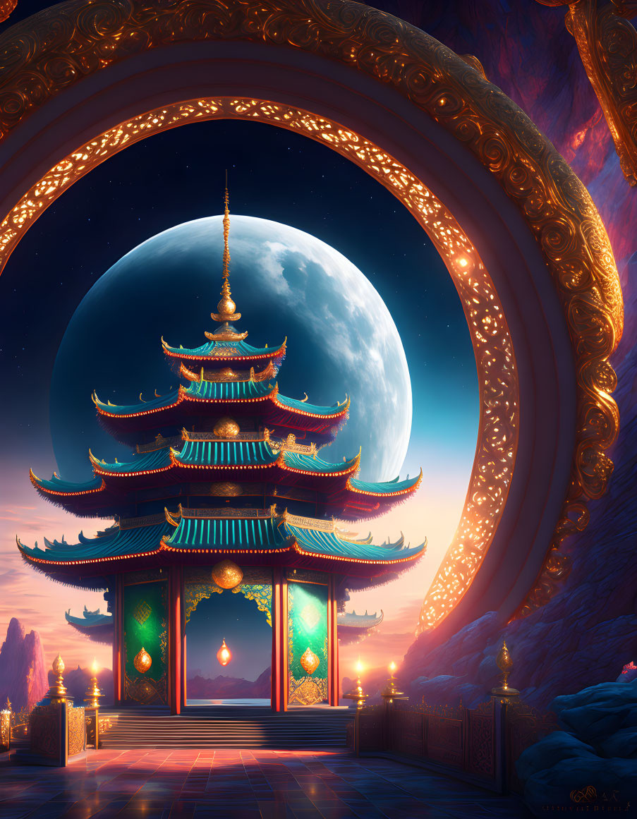 Ornate Asian-style pagoda under full moon in twilight sky