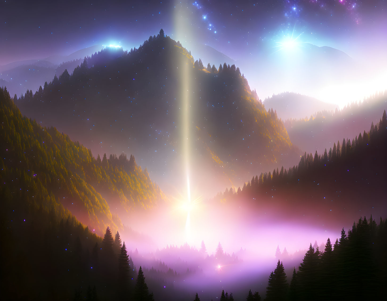 Enchanting forest scene under starry sky with vibrant light beams