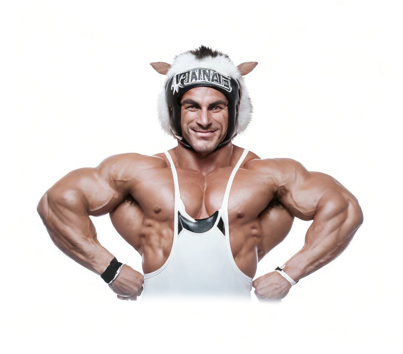 Muscular person in cow-themed attire on white background