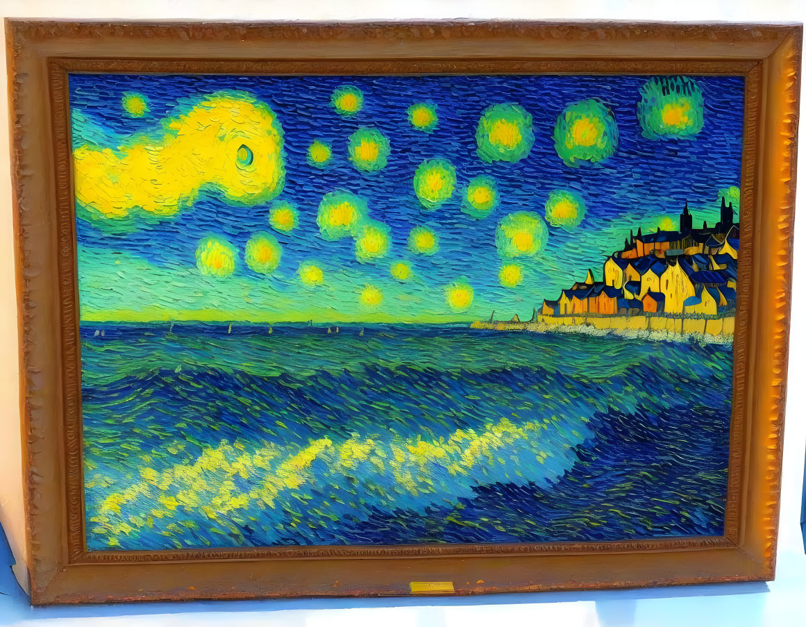 Vibrant painting of starry night, crescent moon, and seaside village