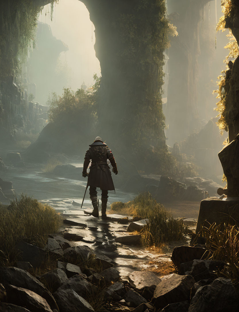 Knight in armor walking through mystical sunlit forest with cliffs.