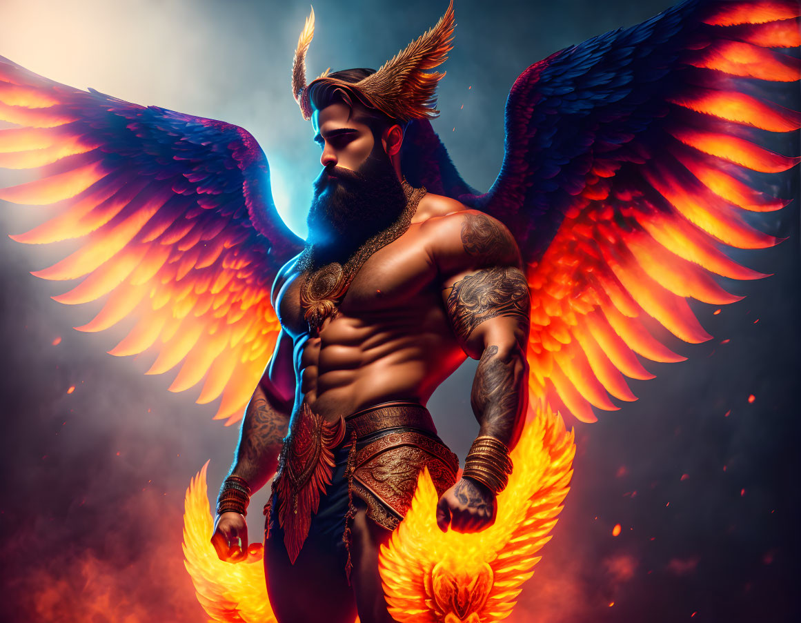 Muscular fantasy figure in golden armor with fiery wings and tattoos on dramatic backdrop