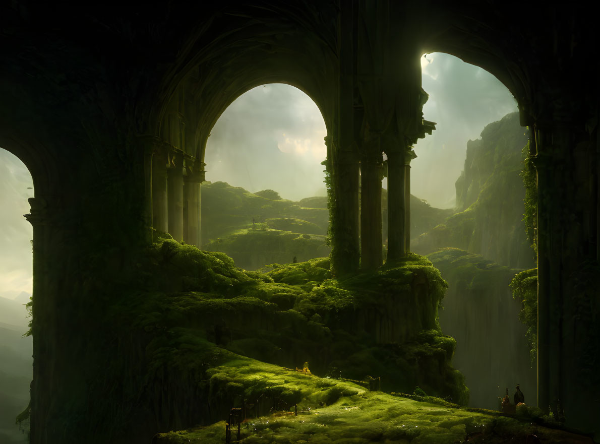 Mystical landscape with moss-covered ruins and majestic arches