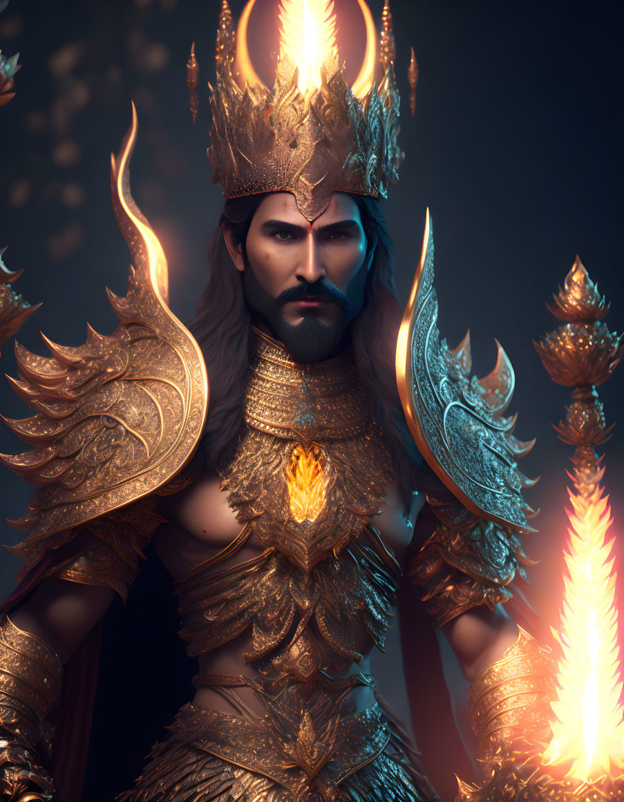 Regal character in fiery armor and crown against dark background