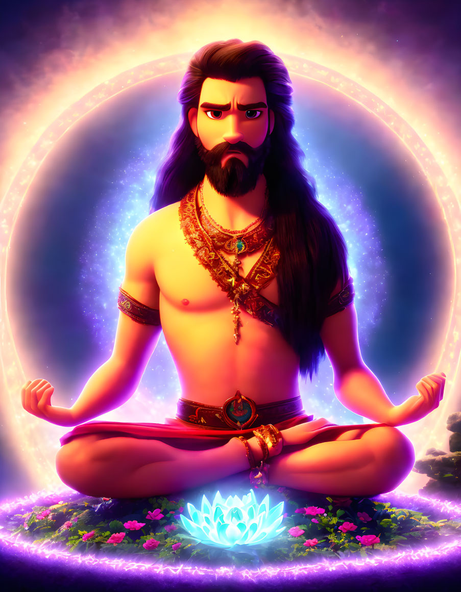 Bearded animated figure meditates with glowing lotus in mystical purple aura