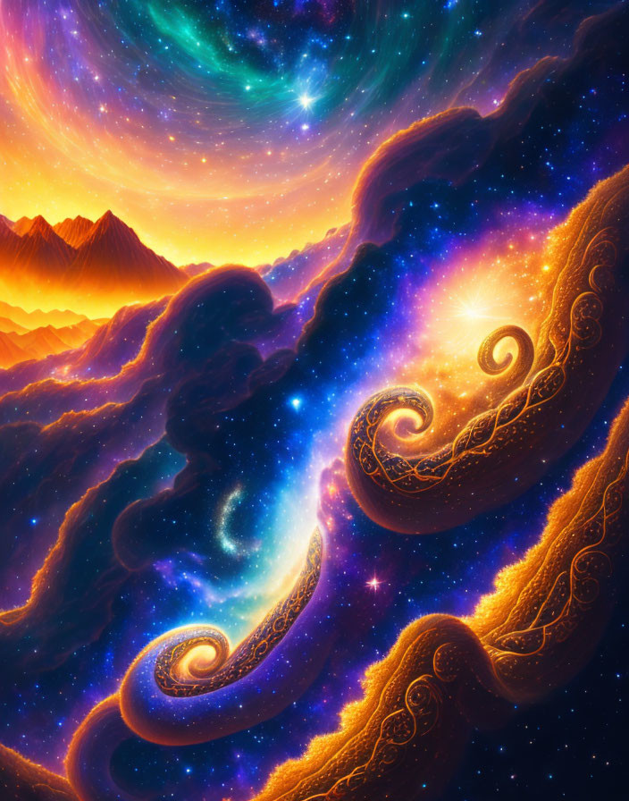 Cosmic galaxies and nebulous clouds over ornate mountain landscape