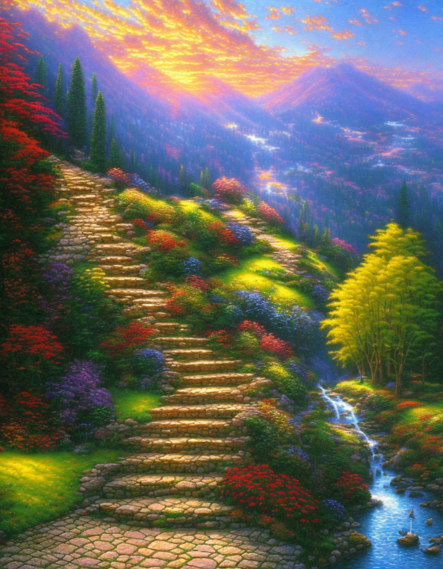 Scenic stone pathway in flower-filled landscape with stream and sunset