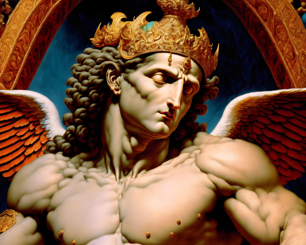 Muscular winged figure with ornate crown and intense gaze