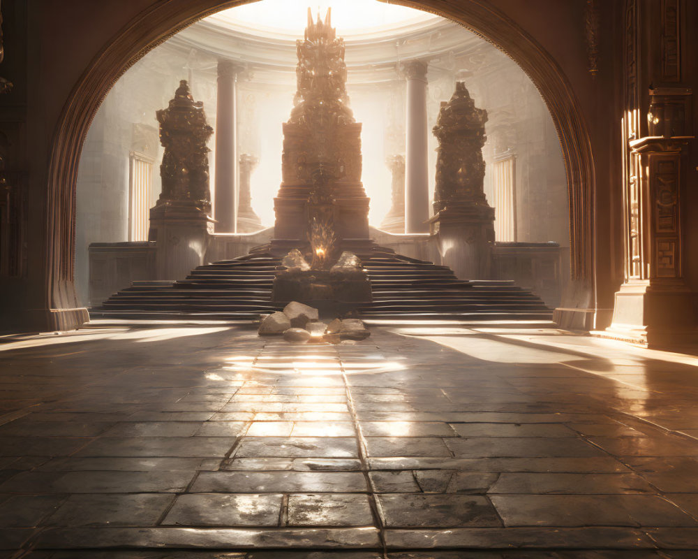 Sunlight illuminates ornate hall with grand staircase