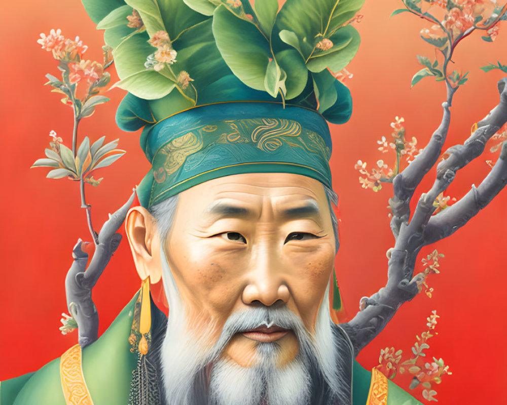 Illustrated portrait of a bearded figure in traditional attire with green headband and flowering branches.