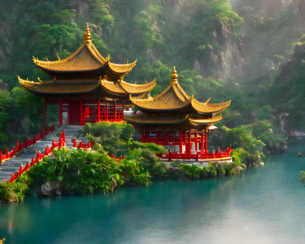 Red and Gold Pagoda in Mountain Landscape with Lake, Bridge, and Flora