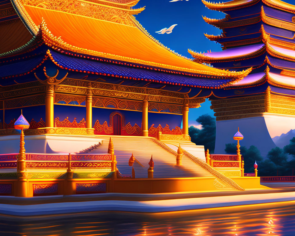 Twilight scene of illuminated Asian temple with birds, water reflection, and mountains