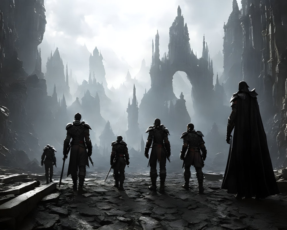 Armored figures led by a cloaked individual at dark castle in misty landscape