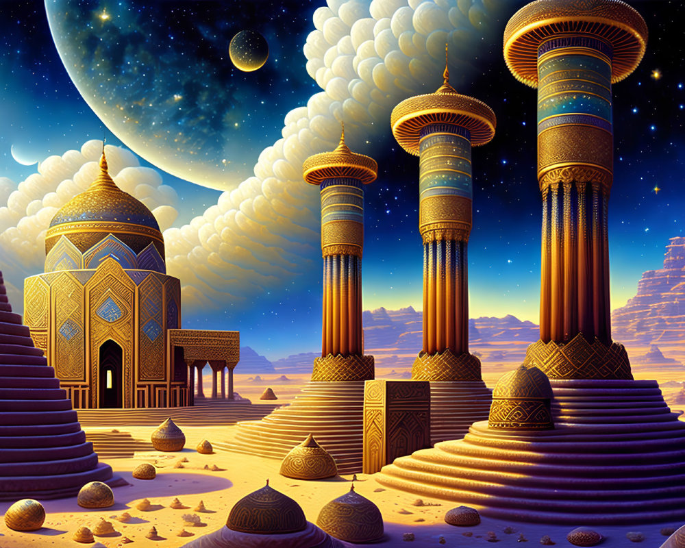 Fantasy landscape with golden pillars, palace, and starry sky above desert dunes