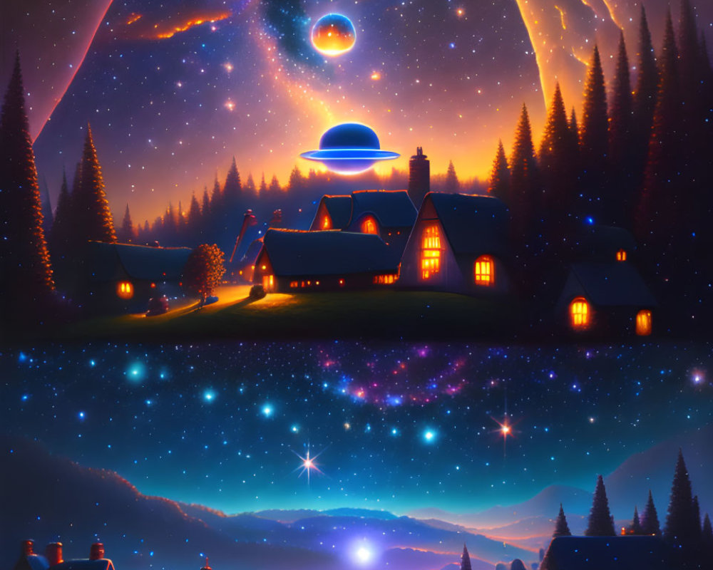 Digital art: Quaint village at night with glowing houses, planet, moon, and UFO