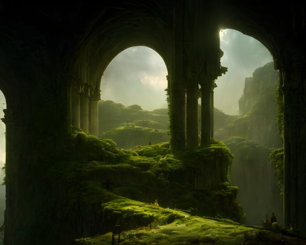 Mystical landscape with moss-covered ruins and majestic arches