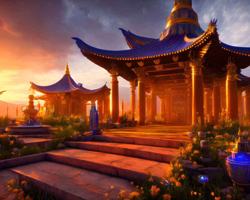 Elaborate Asian architectural structures at sunset with tiered roofs