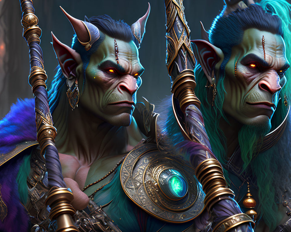 Fierce orc characters in tribal armor in dark forest.