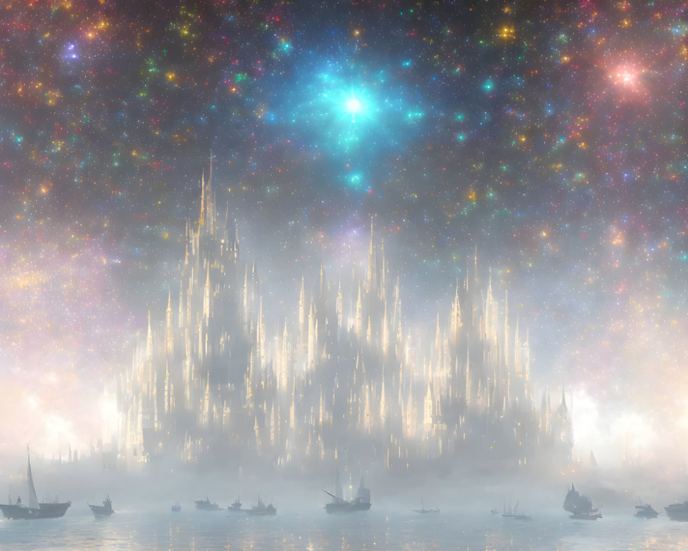 Fantastical cityscape with misty spires under starry night sky.