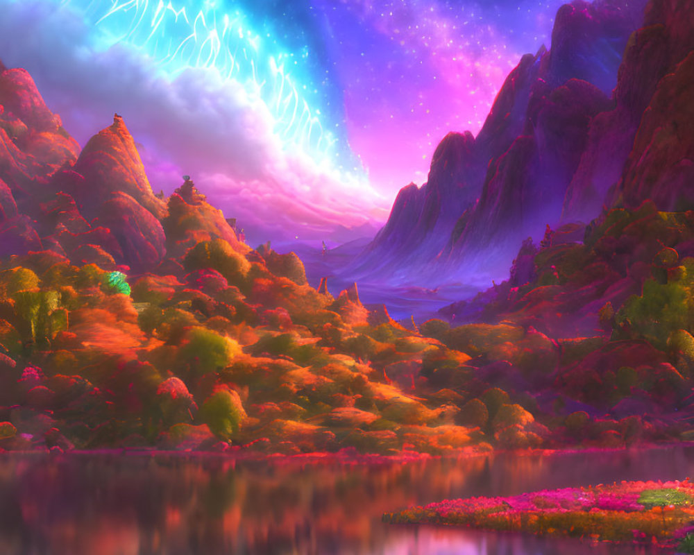 Colorful Landscape with Mountainous Backdrop, Glowing Aurora, and Reflective Lake