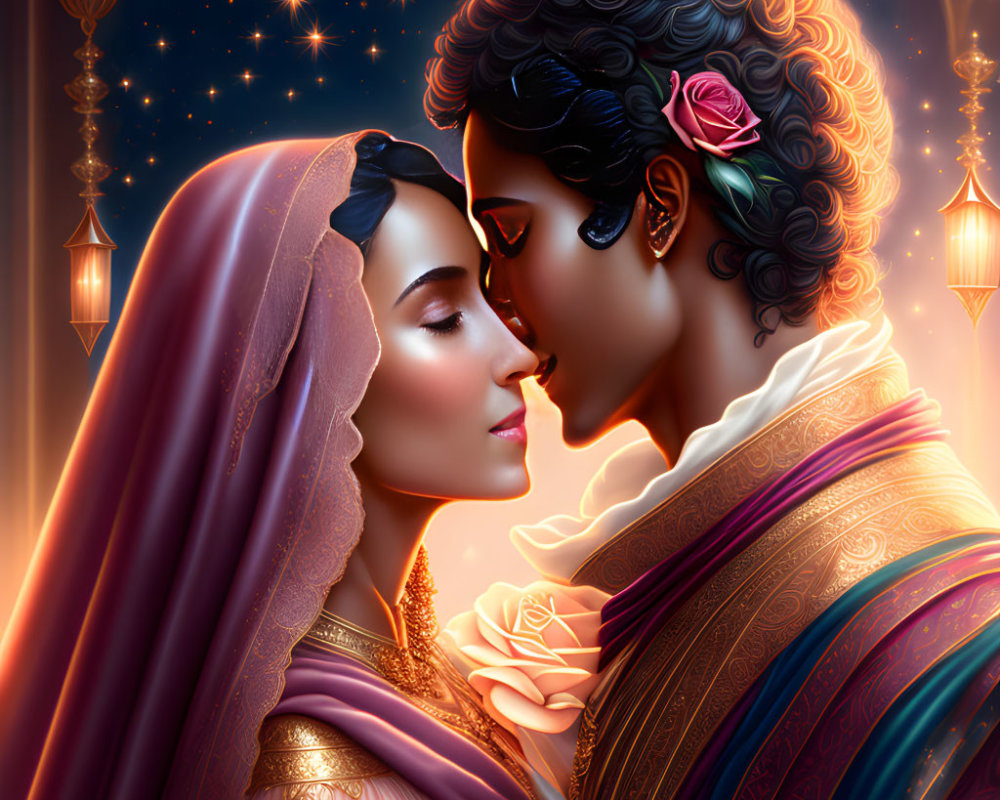 Illustration of couple in traditional attire against ornate, starry backdrop