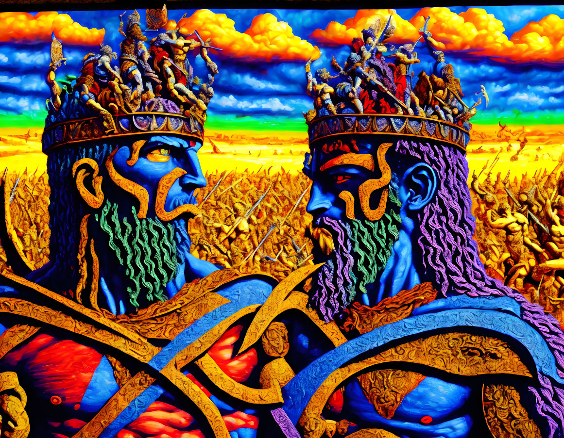 Stylized figures in crowns against golden clouds and blue sky