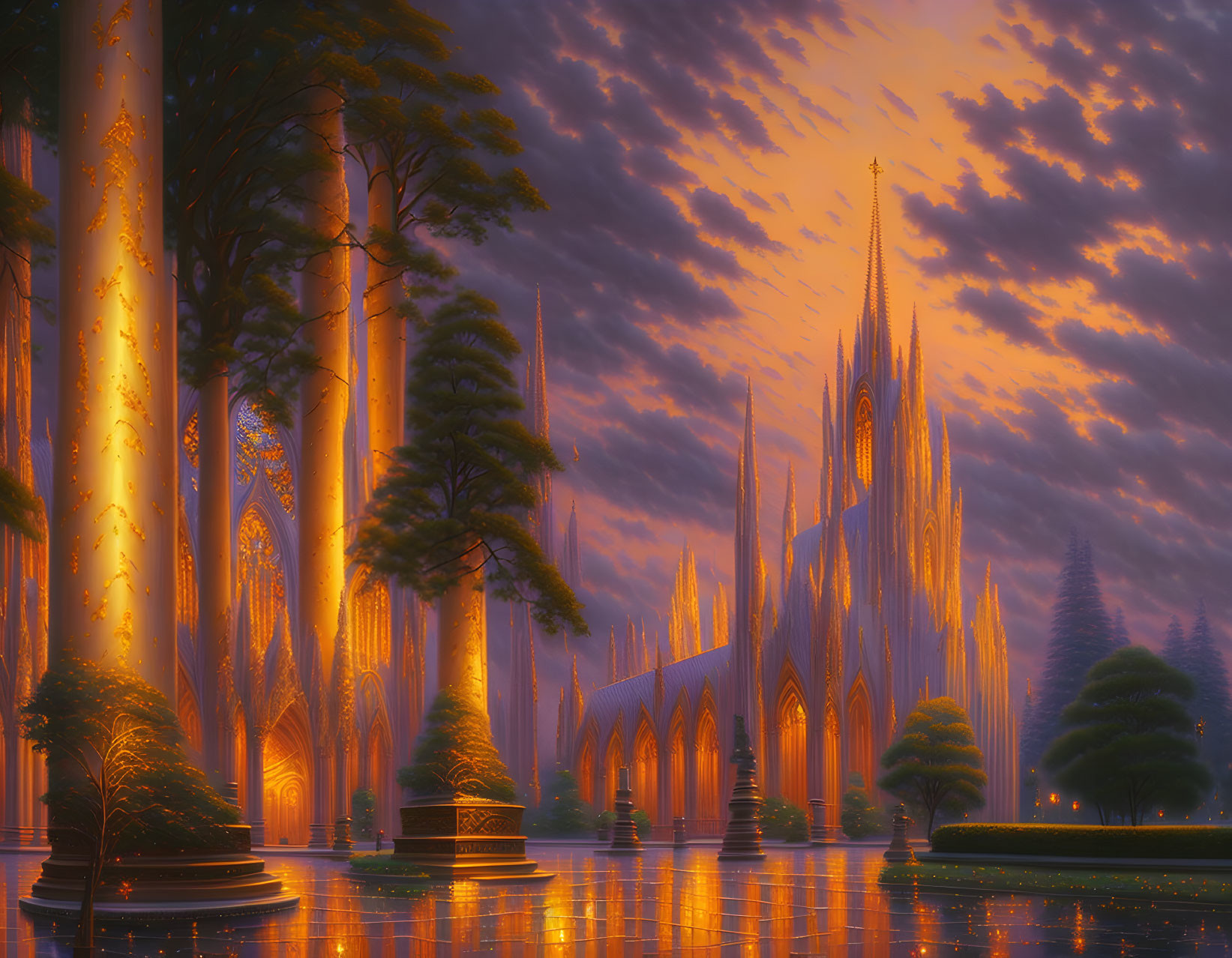 Majestic gothic cathedral in fantastical forest at sunset