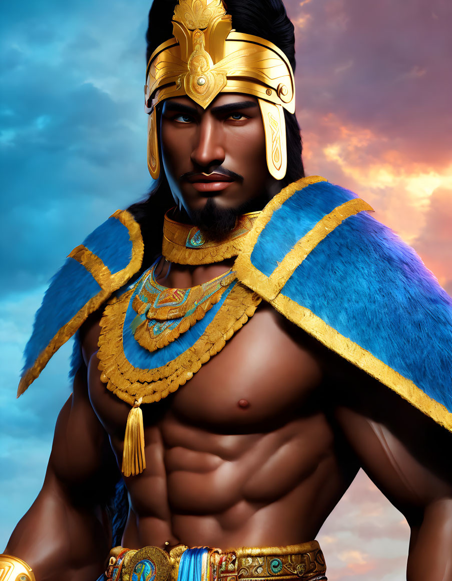 Stately warrior with golden headband and blue cape against dramatic sky