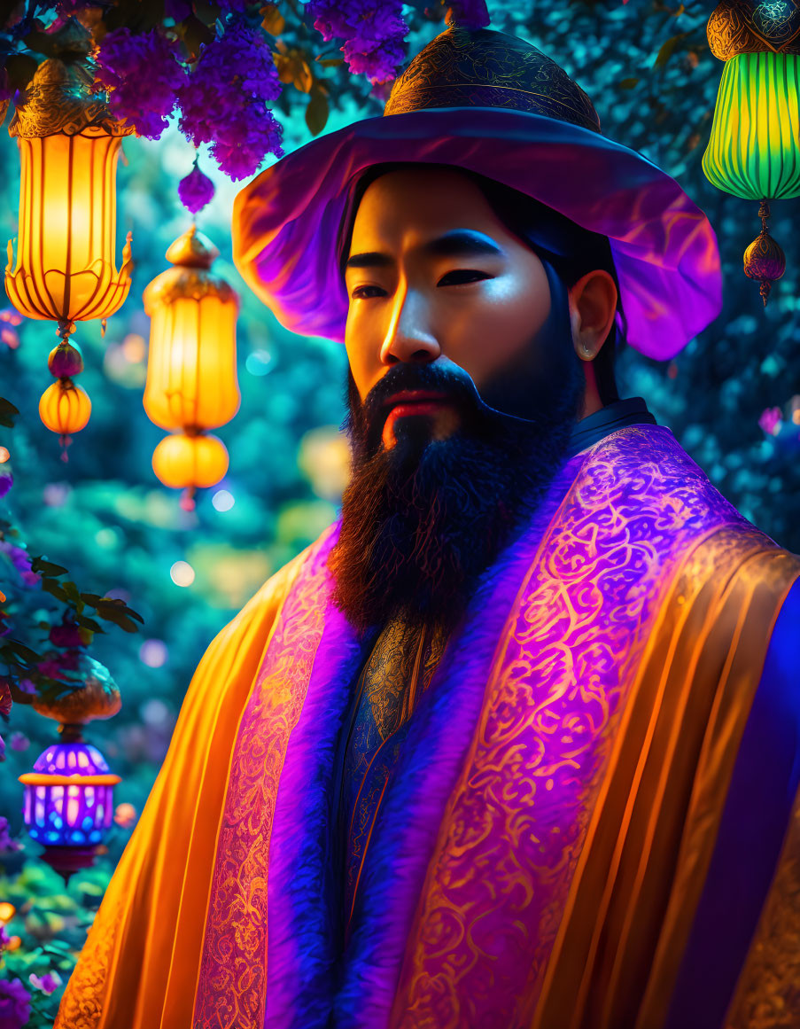 Traditional Asian Attire Man Amidst Colorful Lanterns