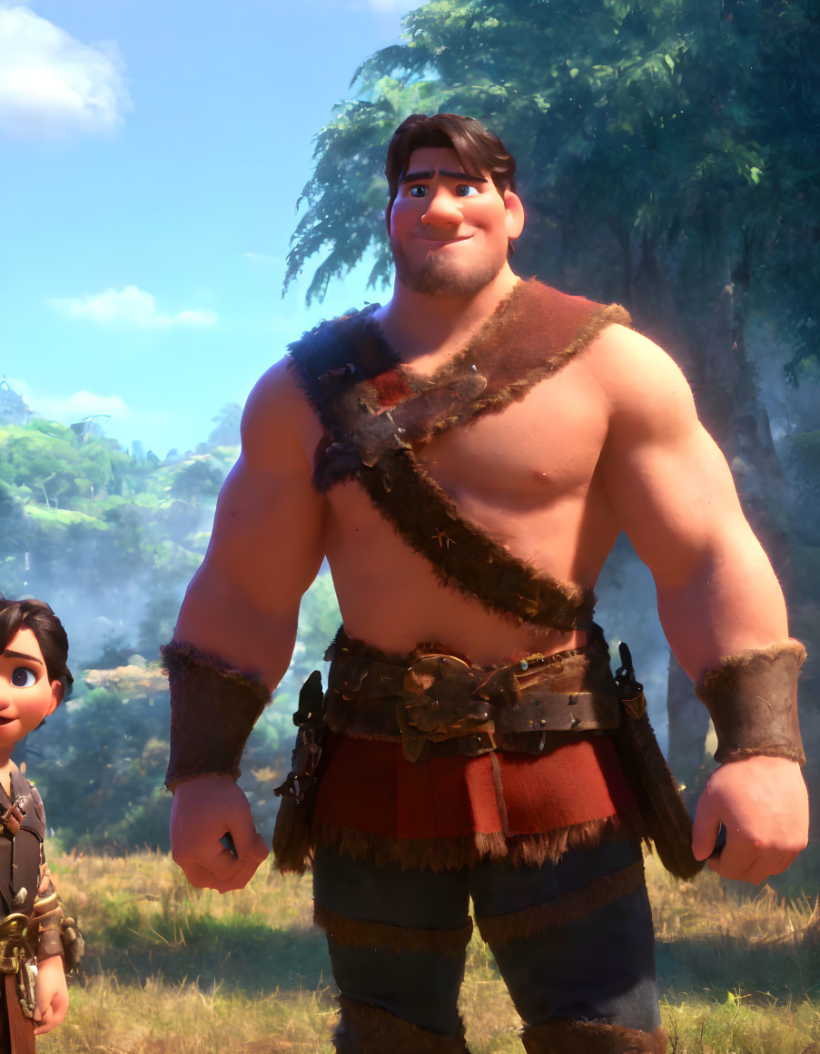 Muscular male character with fur shoulder piece and arm wraps standing in forest with smaller character