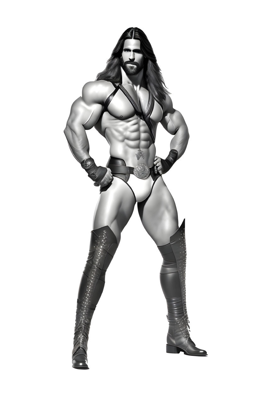 Muscular man in briefs, boots, and medal strikes confident pose