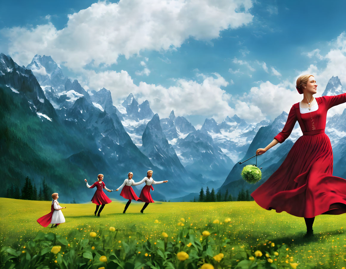 Woman in Red Dress Leads Children in Meadow with Mountains