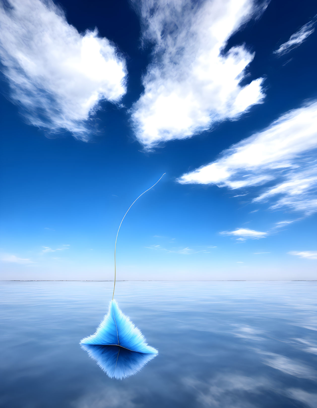 Abstract blue pyramid floating on serene seascape under clear sky